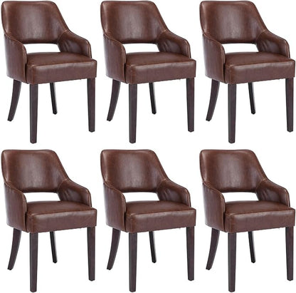 Faux Leather Upholstered Dining Chairs Set of 6 with Arms | Brown faux leather upholstery, solid wood legs, curved open back, padded seat, easy-care surface, dining room, kitchen