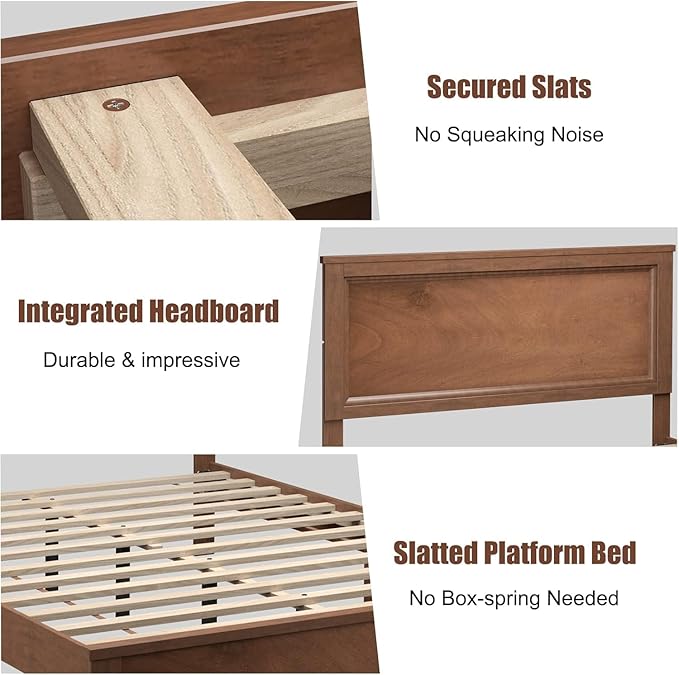 Wood Bed Frames with Headboard, Mid Century Bed Frame with Solid Wood Legs & Wooden Slat Support, Mattress Foundation Bed Base, No Box Spring Needed, (Walnut, Full)