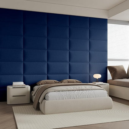 Plush Blue Cushioned Linen Headboard 24x12 Inch 9-Panel Set - Wall-Mounted Protection for Queen Beds, High-Density Foam Core