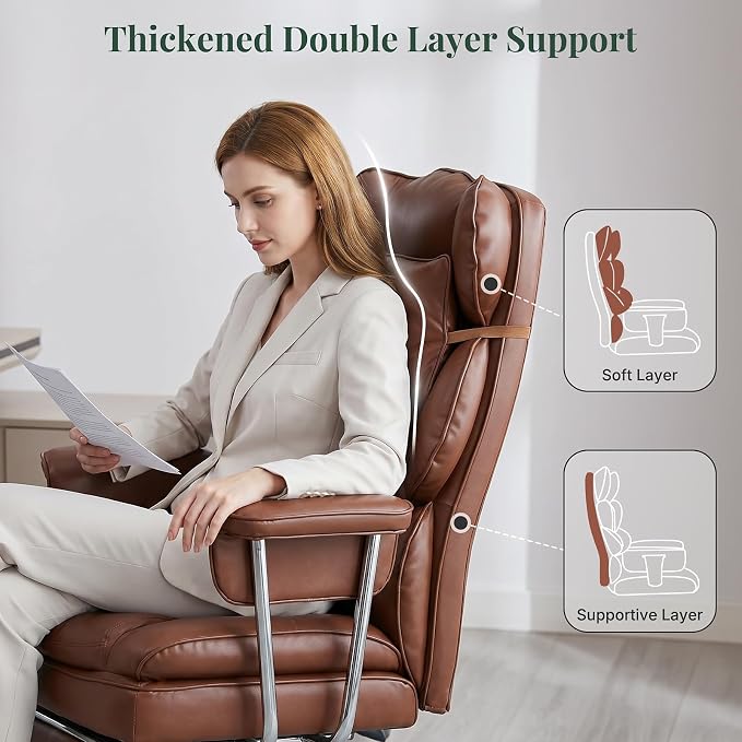 Executive Ergonomic Office Chair, PU Leather High Back Reclining Office Chair with Footrest and Lumbar Support, Height Adjustable Rolling Swivel Computer Chair for Home Office,Brown