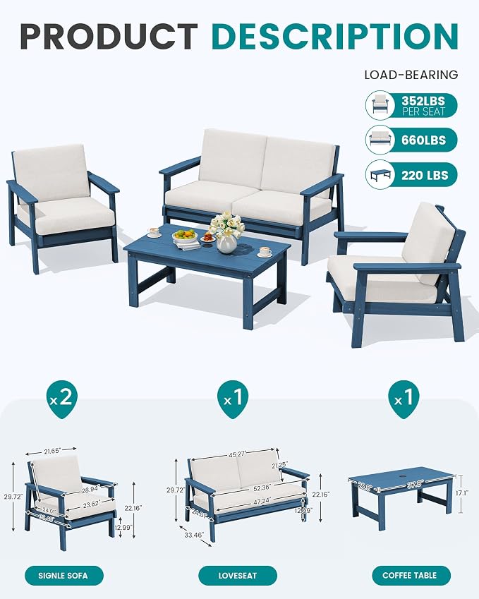 SERWALL 4 Piece HDPE Outdoor Furniture Set, All Weather Wood-Like Outdoor Sofa Sectional Couch, Bllue Patio Furniture Set with Khaki Cushions