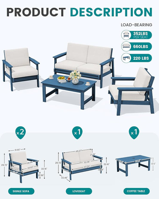 SERWALL 4 Piece HDPE Outdoor Furniture Set, All Weather Wood-Like Outdoor Sofa Sectional Couch, Bllue Patio Furniture Set with Khaki Cushions