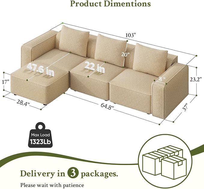 Welzona 103" Modular Sectional Sofa, Minimalist Comfy Cloud Couch Sectional, Tool-Free Setup Couches for Living Room, Wood Frame l Shaped Couch with Ottoman, 22" Deep Seat Chenille Cloud Sofa