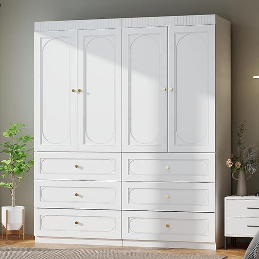 Armoire Wardrobe Closet with Drawers: 74" Tall White Wardrobe Closet with Doors, Large Bedroom Armoires for Clothes, Wood Closets for Hanging Clothes (63 in-4 Doors)