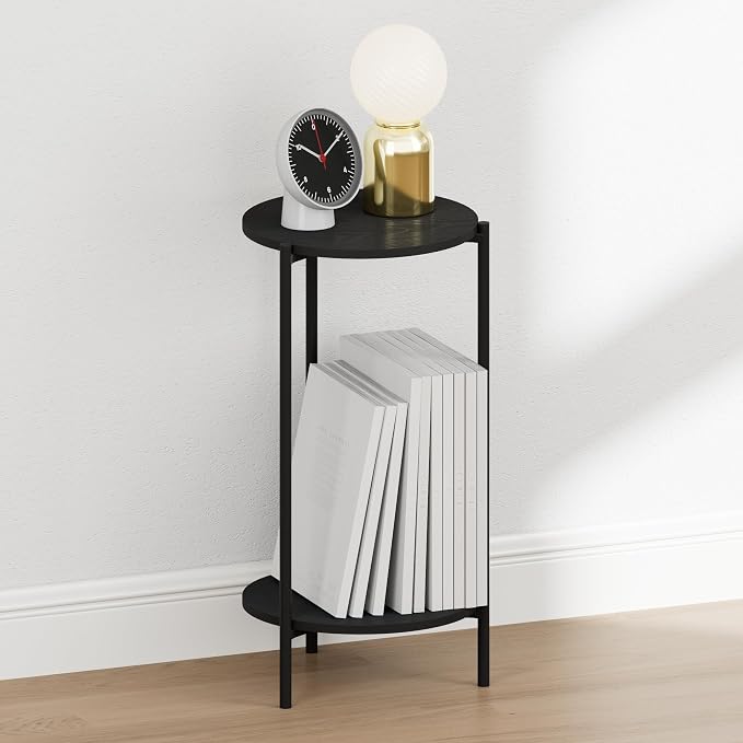 Furinno BESI Night Stand, 2-Tier Tall Round Nightstand with Metal Legs, Metal Frame Narrow End Table with Open Shelf, Side Table, Bedside Table, for Bedroom, Closet, Dorm, Americano