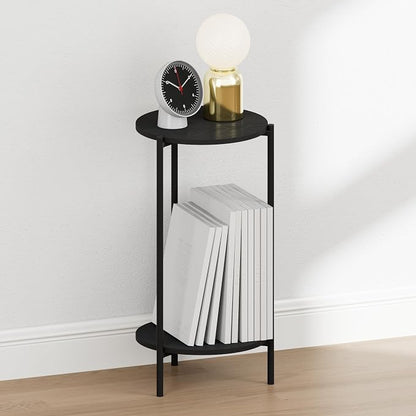 Furinno BESI Night Stand, 2-Tier Tall Round Nightstand with Metal Legs, Metal Frame Narrow End Table with Open Shelf, Side Table, Bedside Table, for Bedroom, Closet, Dorm, Americano