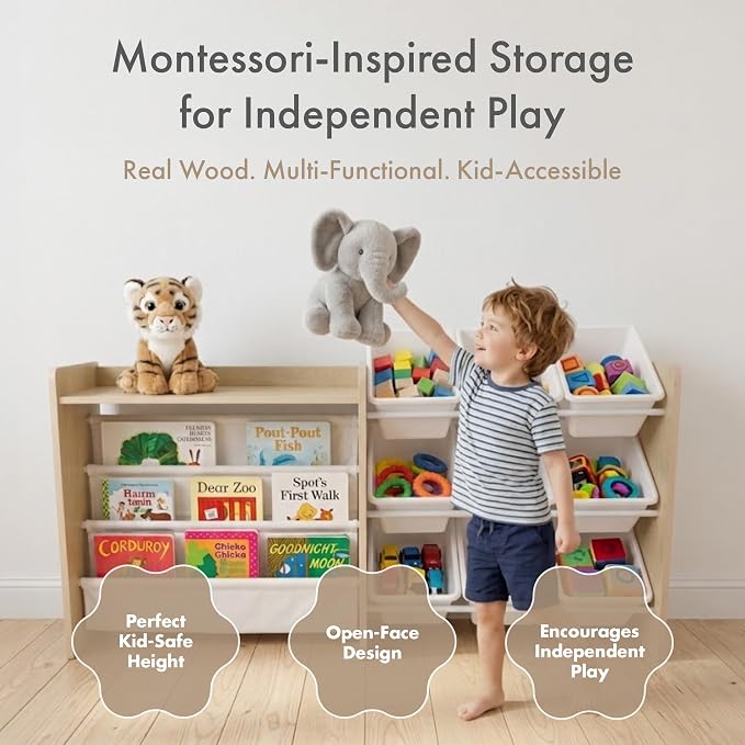 Humble Crew Toy Storage Organizer with Book Shelf and Top Shelf, 9 Removable Storage Bins for Kids Playroom, Toy Organization, Solid Wood, Natural/White