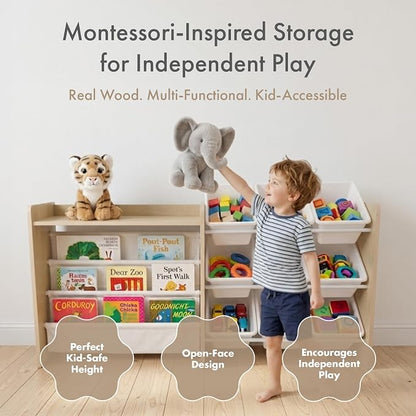 Humble Crew Toy Storage Organizer with Book Shelf and Top Shelf, 9 Removable Storage Bins for Kids Playroom, Toy Organization, Solid Wood, Natural/White