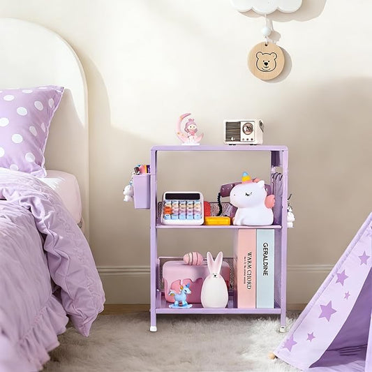 Purple Nightstand, End Table with Hooks and Holder, Kids Nightstand for Bedroom, Toddler Bedside Table, Small Desk for Girls, Coffee Table for Living Room, Dorm, Office (Purple)