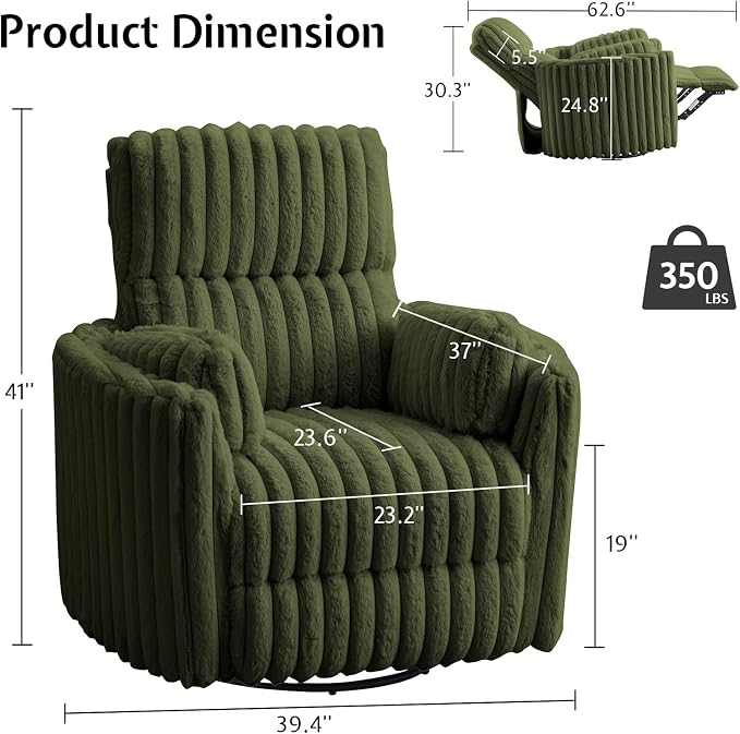 Jocisland Power Recliner Nursery Chair for Adults, Electric Swivel Rocking Glider with USB & Type-C, Soft Fabric Armchair with 2 Pillows, Cozy Reclining Sofa for Living Room, Bedroom, Green