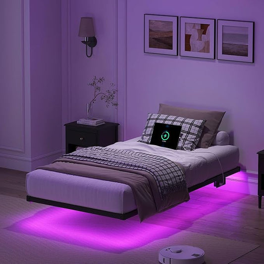 YORMDMO Floating Bed Frame Twin Size, Heavy Duty Bedframe with Smart LED Lights & Charging Station, Modern Metal Platform Bed, Easy Assembly No Box Spring Needed, 10 Inch