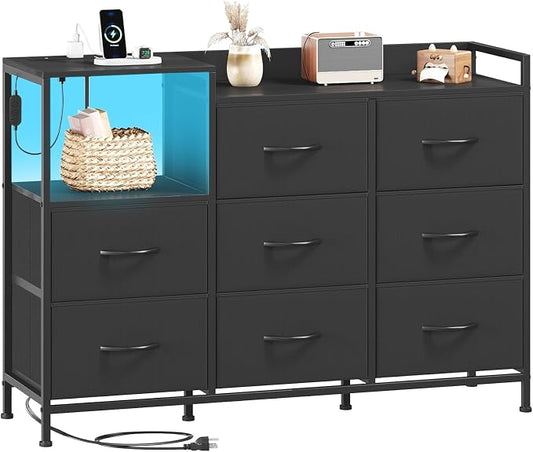 Somdot Dresser with Charging Station and Open Shelves,Dresser for Bedroom with 8 Storage Drawers,Storage Cabinets Organization Units for Living Room, Hallway,Sturdy Metal Frame,Wood Top,Black