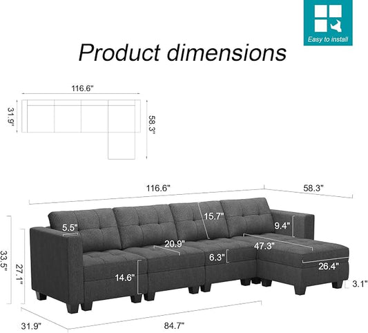 Belffin Convertible Modular Sectional Sofa Couch with Storage Seat L Shaped 4-Seat Sofa Couch with Reversible Chaise Modular Sectional Fabric Dark Grey