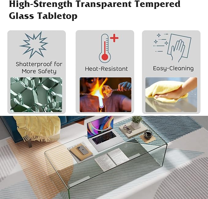 Tangkula Glass Coffee Table, 40"L × 19.5"W ×13.5" H, Modern Home Furniture, 0.5" Clear Tempered Glass End Table, International Occasion Tea Table, Waterfall Table with Rounded Edges (Clear)