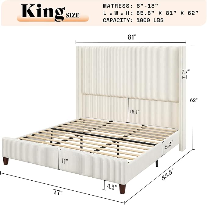 AMERLIFE King Size 62" Corduroy Upholstered Bed Frame, Luxurious Platform Bed with Extra Tall Wingback Headboard and Vertical Stripe, No Box Spring Needed/Solid Wood Slats & Legs/Cream