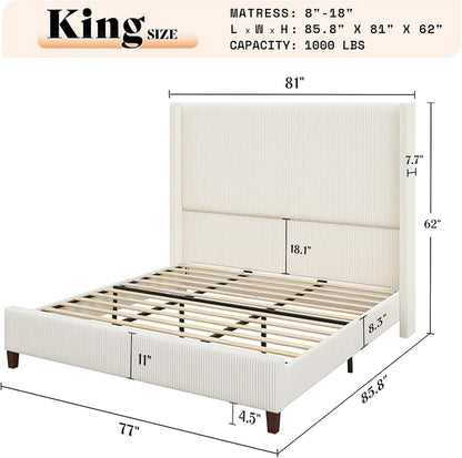 AMERLIFE King Size 62" Corduroy Upholstered Bed Frame, Luxurious Platform Bed with Extra Tall Wingback Headboard and Vertical Stripe, No Box Spring Needed/Solid Wood Slats & Legs/Cream