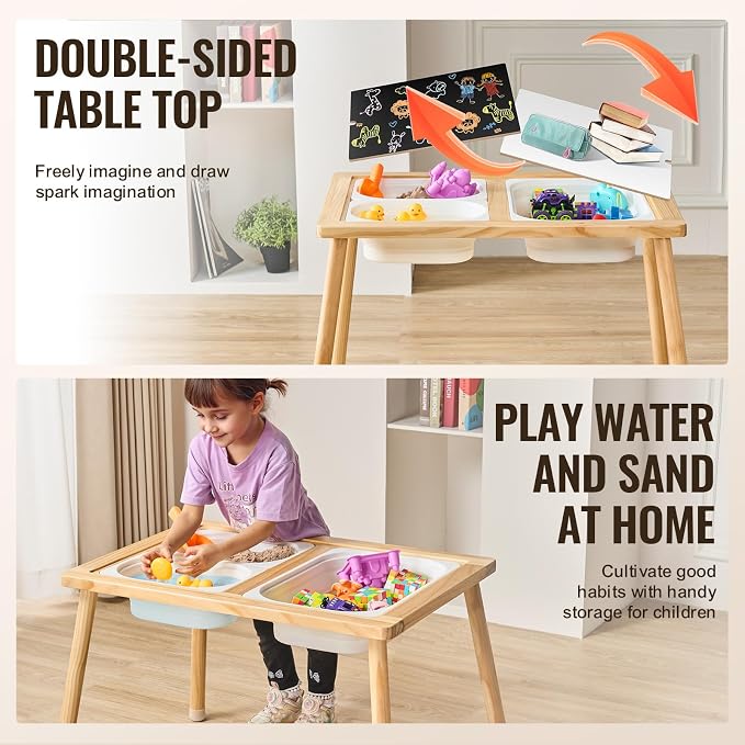 VEVOR Sensory Table for Toddlers, Kids Activity with 3 Foldable Storage Bins & Double-Sided Board, Indoor/Outdoor Play Sand and Water Table, Wooden Kids Sensory for Drawing Studying