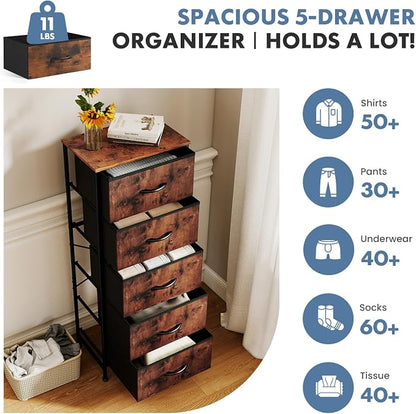 DUMOS Nightstand with 5 Drawers, Bedside Table with Removable Fabric Bins, Sturdy Steel Frame Wood Top Skinny Dresser for Bedroom Closet Living Room, Brown