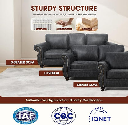 Couchus Living Room Furniture Sets,Sofa Sets and Couch Sets for Living Room,Mid-Century Vintage Sofa Couches with Rivet Design (Grey, Loveseat+3 Seater)