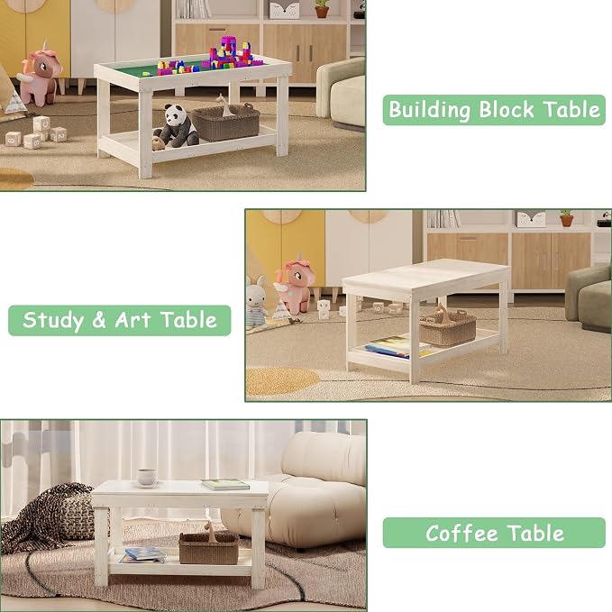 Kids Activity Table with Board and Storage Compatible with Lego, Wooden Play Table for Drawing, Building Blocks, Reading, Boys Girls Gifts