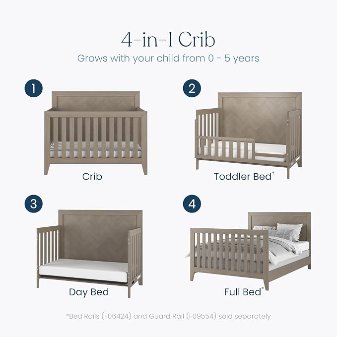 Child Craft Kieran 4-in-1 Convertible Baby Crib, Wooden Nursery Furniture Converts to Toddler Bed Daybed & Full-Size Bed, Adjustable Mattress Heights, Non-Toxic Baby Safe Finish (Crescent Gray)