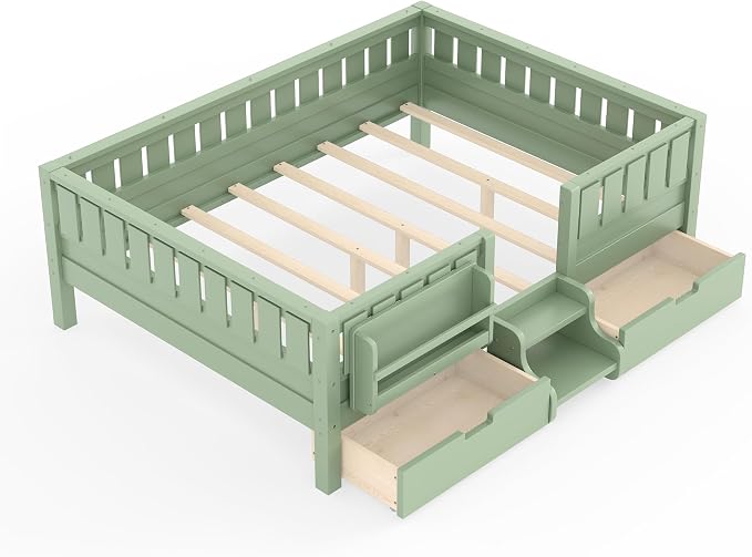 Bellemave Full Kids Montessori Bed with Stairs, Bookshelf and Drawers, Solid Wood Kids Bed Frame with Storage for Boys Girls, Low Profile,Green