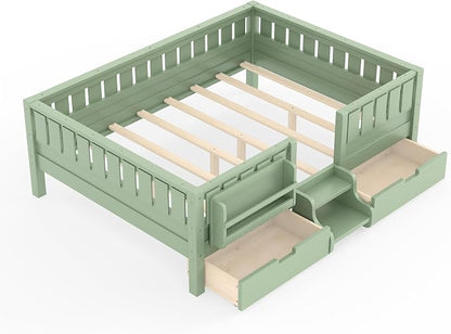 Bellemave Full Kids Montessori Bed with Stairs, Bookshelf and Drawers, Solid Wood Kids Bed Frame with Storage for Boys Girls, Low Profile,Green