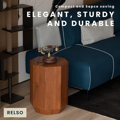 Relso Octavian Geometric End Table - Solid Mango Wood, Walnut Finish, Boho Design, Modern Farmhouse Style, Compact Coffee Table, Nightstand for Bedroom, Living Room, Reading Area (Octavian Brown)