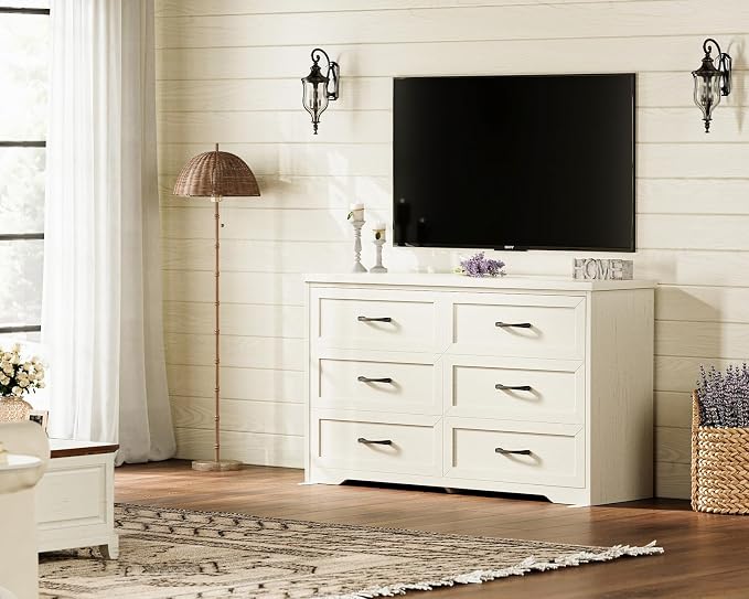 AODK Farmhouse 6 Drawer Dresser for Bedroom, 47” Wide Rustic Storage Dresser with Engineered Wood Frame, Anti-Tip Safety Chest, American Country Bedroom Furniture, Vintage White
