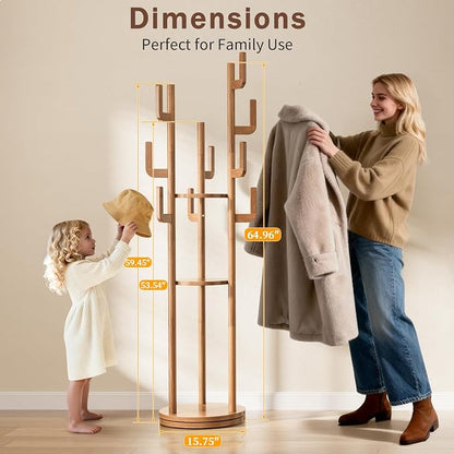 Yoobure Rotary Coat Rack Freestanding - Solid Wood Coat Tree with 9 hooks & 3 Storage Shelves for Purse, Bag, Jacket, Hat, Corner Hanger Stand Racks for Hall, Entryway, Office, Modern Clothes Holder