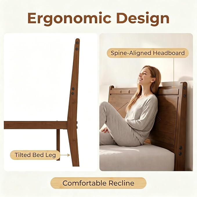 Askeld 14 inch Bamboo Twin XLBed Frame with Headboard, Light Cottagecore Solid Wood Platform Bed No Box Spring Needed, Easy Assembly, Noise Free, Light Walnut Color