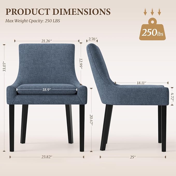 Modern Dining Room Chairs Set of 2 with Mid Back and Wood Legs, Upholstered Kitchen Chairs for Dining Room/Living Room, Blue