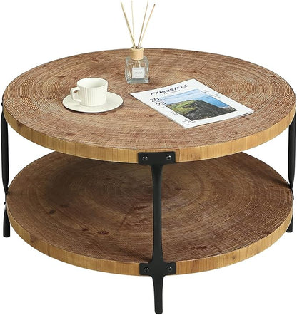 Awescuti Round Boho Wood Coffee Table - 29.1" Farmhouse Natural Circle Wooden 2-Tier Coffee Tables Living Room Furniture, 29.1" D x 18.3" H, Natural Wood Color