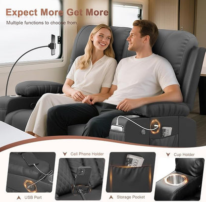 RV Loveseat Recliner Sofa, Reclining Loveseat Wall Hugger Recliners with USB Ports, Cup Holders, Insert Pockets, RV Recliners for Travel Trailers & Living Room, RV Furniture | RV Couch | Gray