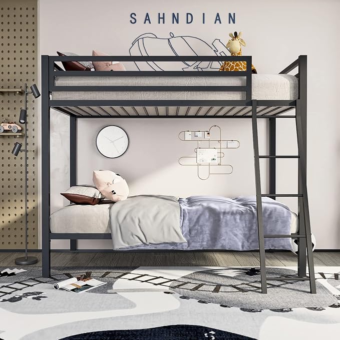 ikalido Metal Loft Bunk Bed Twin Over Twin Size with Ladder, Matte Black | Safety Guardrail,No Box Spring Needed, Space Saving Bedroom Furniture