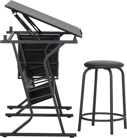 2 Piece Eclipse Ultra Center/Drawing Table with Stool, Angle Adjustable Top, Storage Shelves, and Drawers