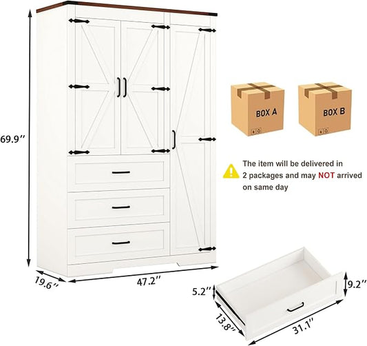 70" Tall Wardrobe Closet with 3 Doors & 3 Drawers, Farmhouse Armoire with Hanging Rod, Wooden Armoire Wardrobe Closet for Bedroom, Freestanding Clothing Storage Cabinet, White