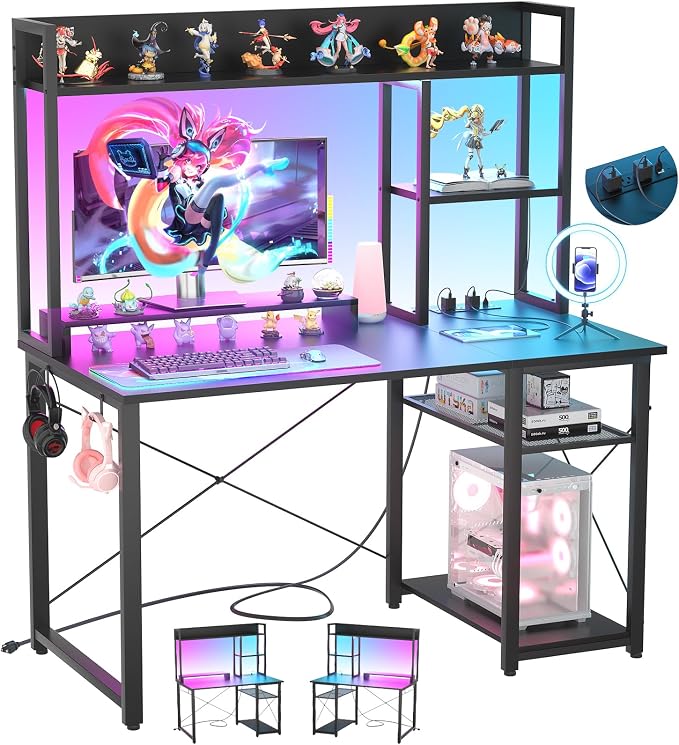 Cyclysio Gaming Desk with Hutch, 39'' Computer Desk with LED Lights & Power Outlets, Home Office Desk with Reversible 5 Tiers Storage Shelves & Monitor Stand, Small Gaming Table for Small Space, Black
