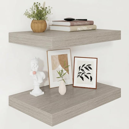 Vivelove 12" Deep Floating Shelves for Wall 16" Long, Wall Shelves for Bedroom Living Room Bathroom Kitchen Laundry Room, Farmhouse Rustic Shelves for Home Decor, 16" X 12" X 2" Set of 2, Grey