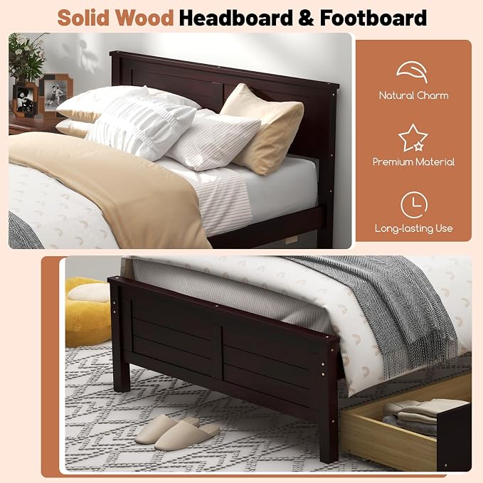 GOFLAME Twin Size Bed Frame with 2 Drawers, Platform Bed with Solid Wood Headboard & Footboard, Wood Slats Support Mattress Foundation, Under Bed Storage, No Box Spring Needed, Easy Assembly, Espresso