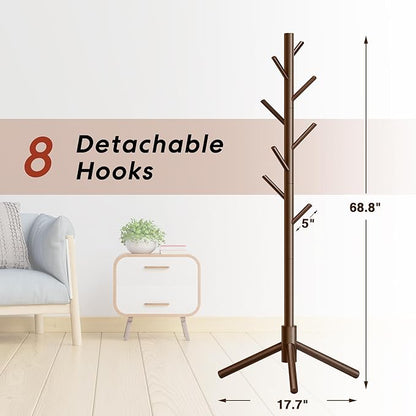 Coat Rack, Coat Racks Freestanding with 8 Hooks 3 Adjustable Heights for Clothes, Hats, Handbags, Coat Tree Easy Assembly for Entryway, Bedroom, Hallway, Office(Brown)