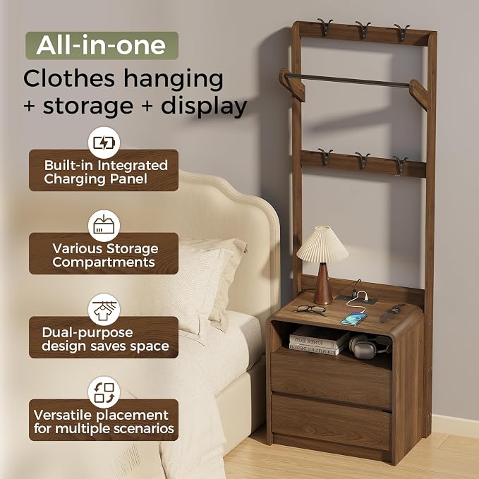 Messenya Mid Century Modern Bedroom Nightstand with Clothes Rack and Hooks | Bedside Table with Hanging Rod, 6 Storage Hooks, Charging Station, Dual Drawers, Rounded Corner, Open Shelf, Walnut Finish