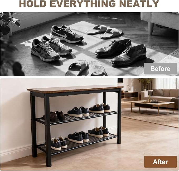 3-Tier Shoe Rack Bench, Industrial Shoe Organizer with Metal Mesh Shelves and Wood Seat, 29.5 Inch Entryway Storage Bench for Living Room or Hallway, Rustic Brown