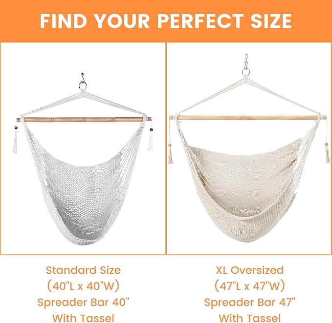 Lazy Daze Hammocks Hanging Swing Chair Caribbean Rope Weaving Chair with 40" Hardwood Spreader Bar and Soft-Spun Cotton Rope, Hammock Chair for Indoor, Outdoor, Backyard, Max 300 LBS, White