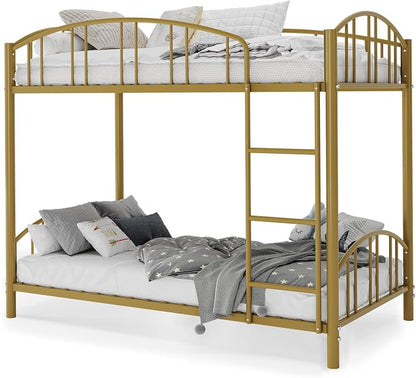 GarveeHome Metal Bunk Bed Twin Over Twin, Heavy Duty Bunkbeds Frame with Arched Guardrail and Safety Ladder, Sturdy Steel Bed for Kids Boys Girls, Space-Saving, No Box Spring Needed, Gold