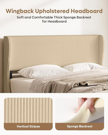 Bestier Queen Bed Frame with Wingback Headboard,Upholstered,Taque | Wingback Headboard,Easy Assembly,No Squeaks,Vertical Channel Corduroy Upholstered,Wooden Slats Support,No Box Spring Needed