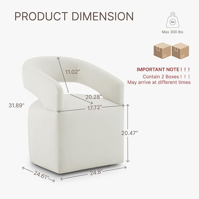 KISLOT Upholstered Dining Chairs Set of 2, Modern Arm Kitchen & Dining Room Chairs with Hidden Casters, Linen Fabric Padded Rolling Chairs, Sturdy Wood Frame, 300 lbs Capacity, Ivory White