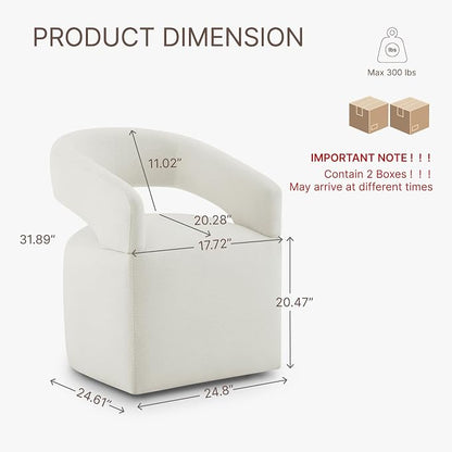 KISLOT Upholstered Dining Chairs Set of 2, Modern Arm Kitchen & Dining Room Chairs with Hidden Casters, Linen Fabric Padded Rolling Chairs, Sturdy Wood Frame, 300 lbs Capacity, Ivory White