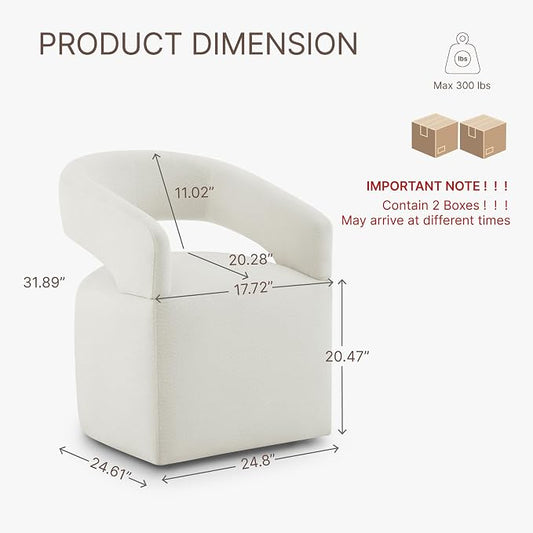 KISLOT Upholstered Dining Chairs Set of 2, Modern Arm Kitchen & Dining Room Chairs with Hidden Casters, Linen Fabric Padded Rolling Chairs, Sturdy Wood Frame, 300 lbs Capacity, Ivory White
