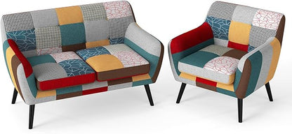Bonzy Home Modern Colorful 2 Piece Coroful Fabric Sofa Set, Included Accent Chairs and Boho Loveseat Sofa, Linen Patchwork Plaid Couches with Rubberwood Legs and Removable Upholstered for Living Room